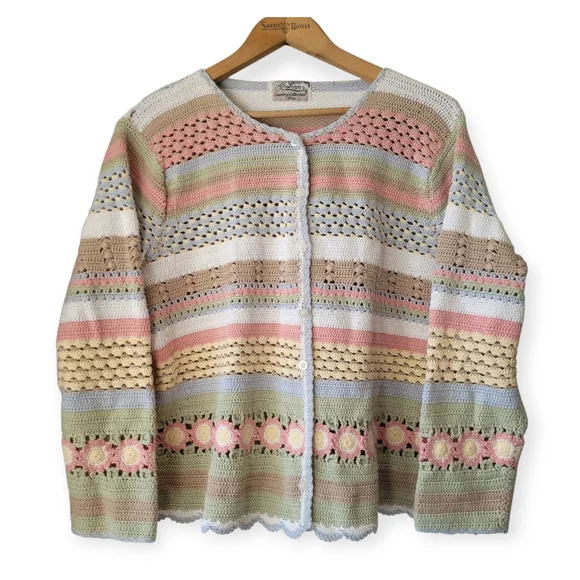 Vintage Crochet Cardigan Cottagecore Granny Chic Pastel 14P XXL - Picture 2 of 15